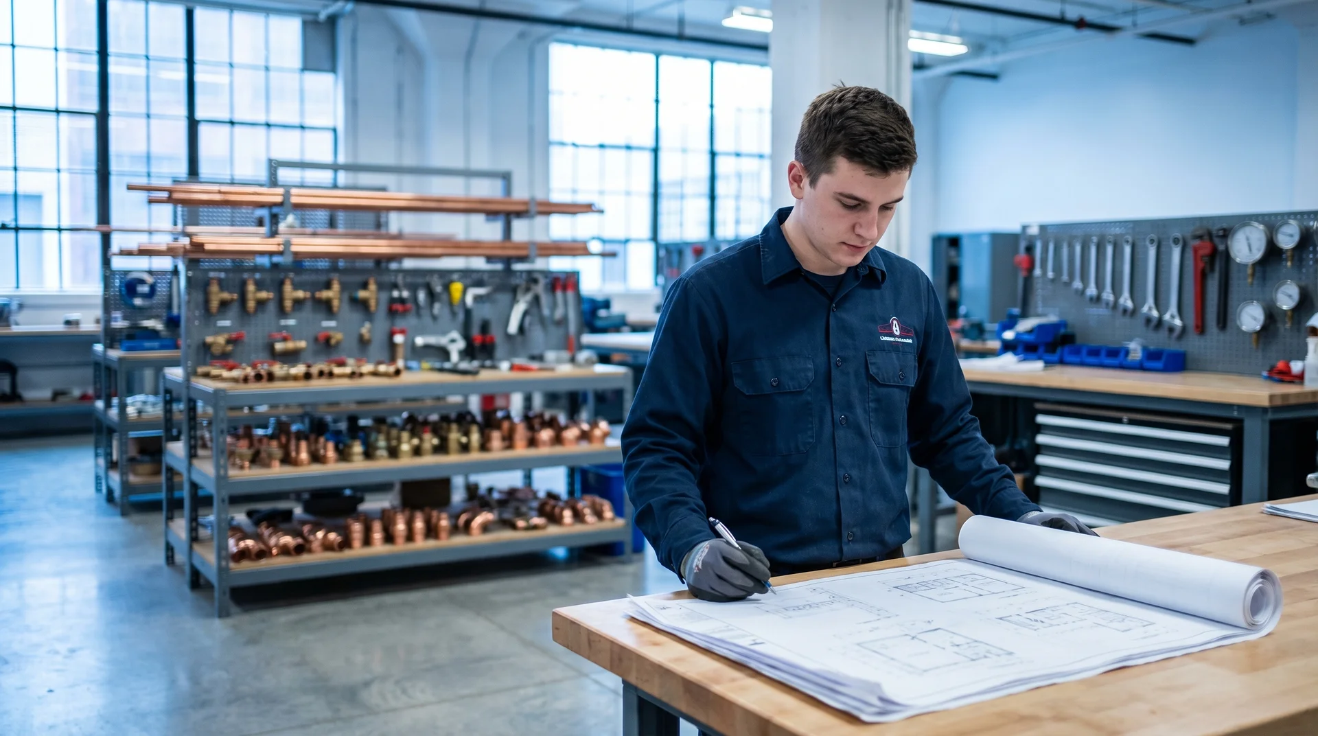 Ung man i arbetskläder granskar tekniska ritningar i verkstad med kopparrör i bakgrunden.