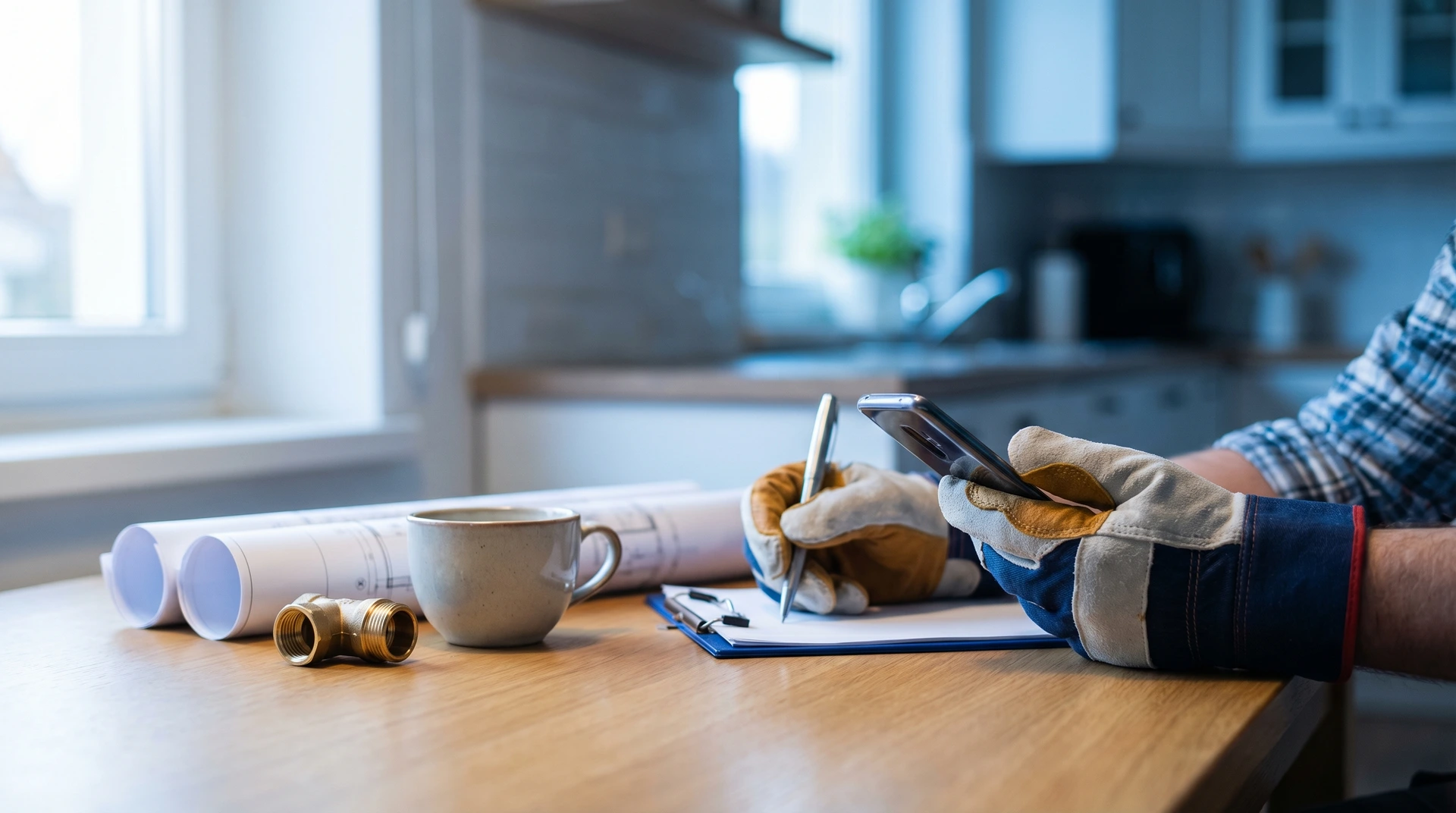 Hantverkare med arbetshandskar skriver på urklippstavla vid köksbord med ritningar och kaffekopp.