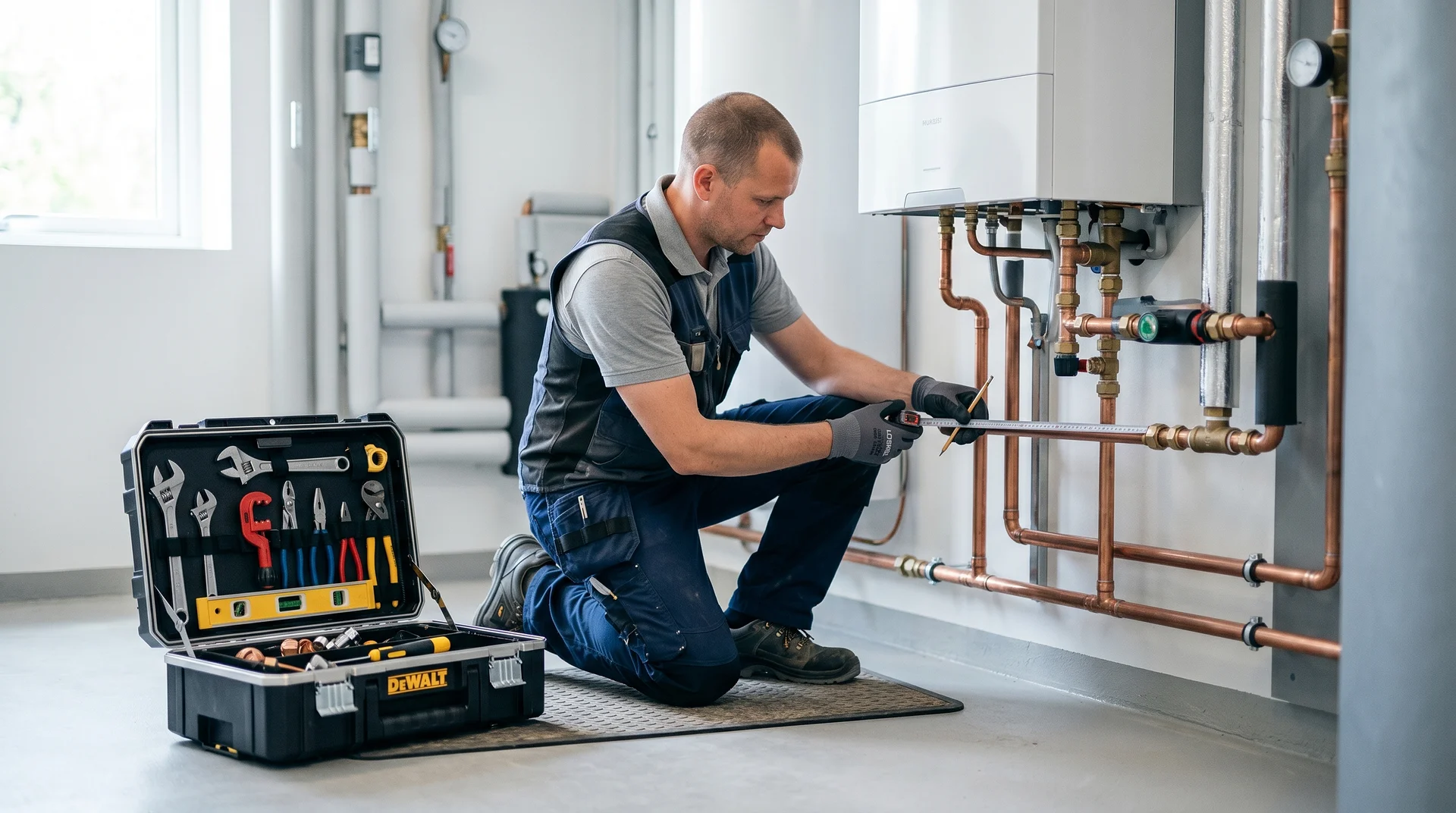 Rörmokare reparerar värmesystem med kopparrör och verktyg i pannrum.